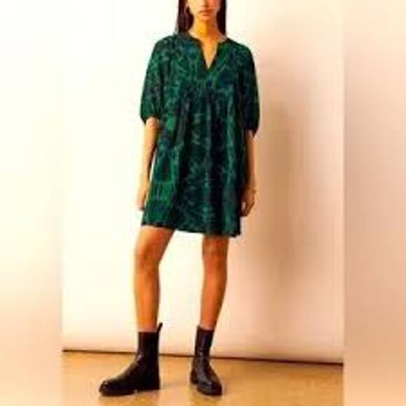 ba&sh Cleo Mini Dress Printed Green Peacock Relaxed Flowing Women Small - Picture 1 of 13
